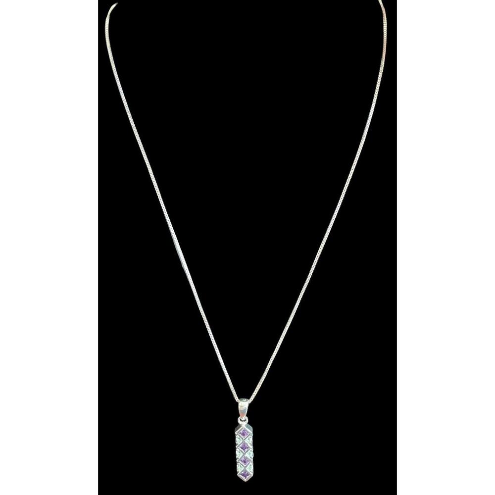 Sterling Silver Signed 925 Italy Rectangle Pendant & Necklace Purple Stones